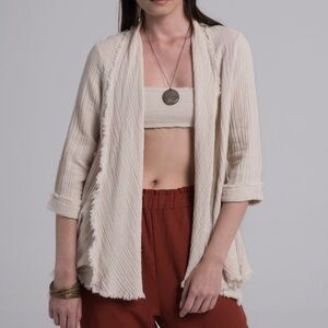 Raw Organic Cotton Kimono Cream Summer swim Cardigan: Minimalist Crinkle Jacket